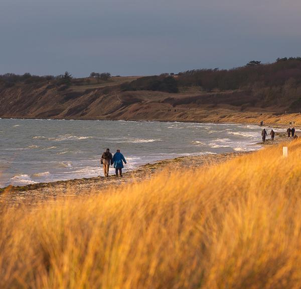 Et par der går tur på Ristinge Strand i efterårsvejr